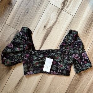 Zara Pink and Purple Crop Blouse with Puffed Sleeves
